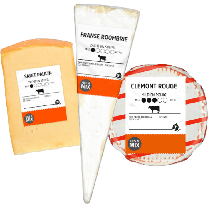 Alle AH Borrelkaasjes van de versafdeling met Kies & Mix-sticker