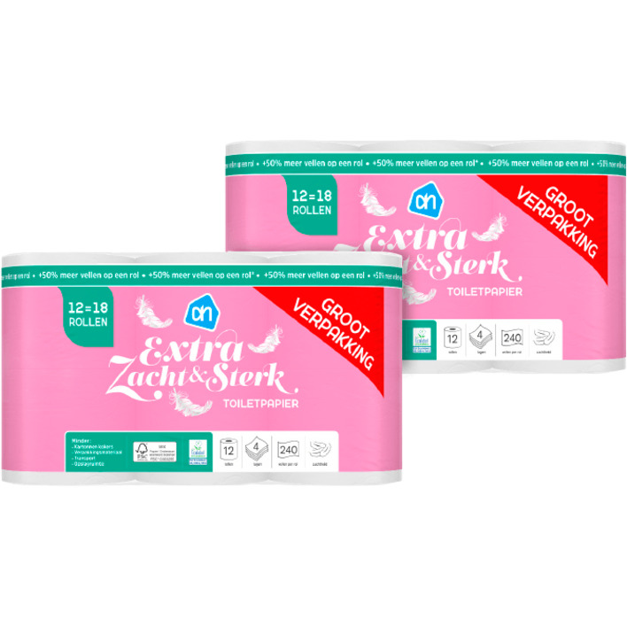 AH Extra zacht & sterk toiletpapier 4-laags 12=18 rollen