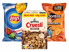 Bij 12,00 diverse soorten Lay's, Doritos, Quaker Cruesli, of Duyvis gratis bezorging