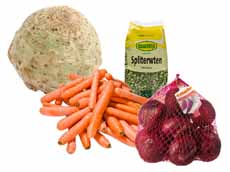 Biologische winterpeen zak van 1 kilo, Hollandse knolselderij per stuk, spliterwten zak van 500 gram of rode uien net van 1 kilo