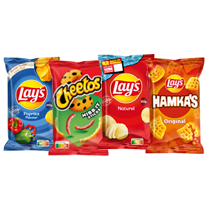 Cheetos, Hamka's, Mama Mia's, Ringlings, Wokkels of Lay's flat chips
