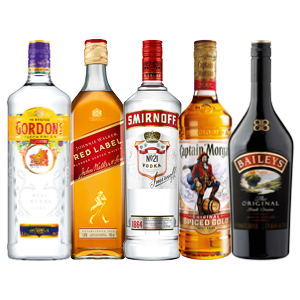 Baileys likeur, Johnnie Walker whisky, Captain Morgan rum, Gordon's gin, Smirnoff vodka