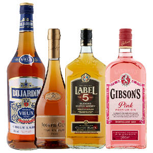Gibson Gin, Label5 whisky, Joseph Guy cognac of Dujardin vieux