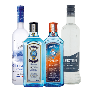 Bombay gin, Eristoff vodka of Grey Goose vodka