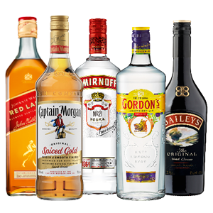 Captain Morgan Rum, Smirnoff Vodka, Gordon's Gin, Baileys Likeur of Johnnie Walker Whisky