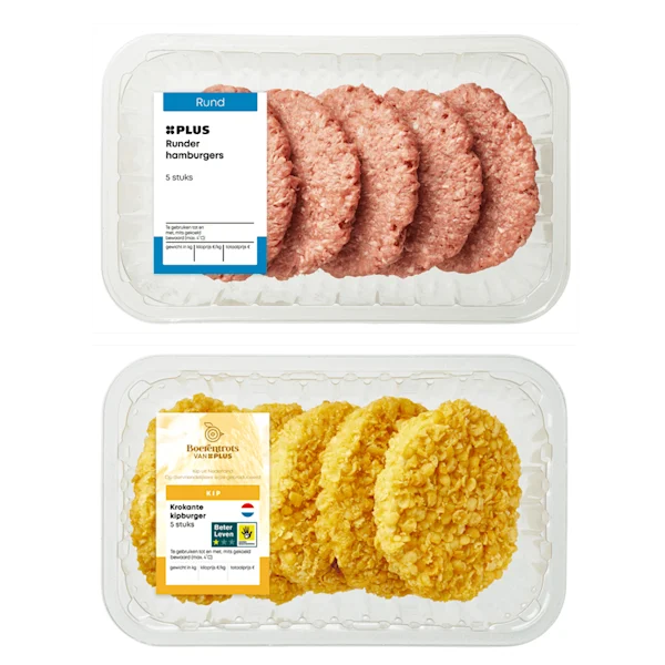 Boerentrots van PLUS Blonde d'Aquitaine-, runder- en krokante kipburgers