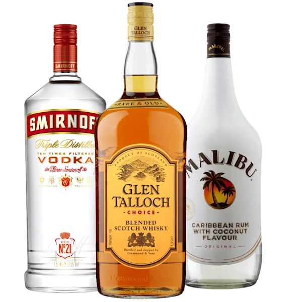 Smirnoff Red no. 21, Malibu White rum en Glen Talloch Whiskey
