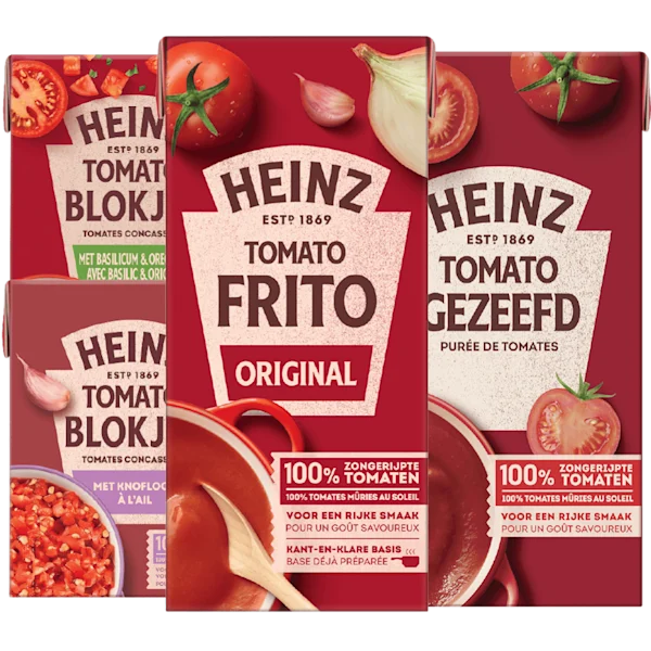 Heinz Frito, tomatenblokjes en gezeefde tomaten